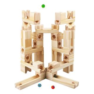 Set de constructie Marble Run din lemn cu bile din sticla, 60 piese, natur