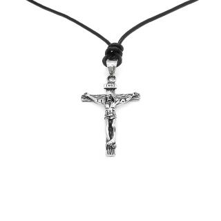 Cruciulita inox cu snur negru din piele, Iisus Hristos rastignit pe Cruce