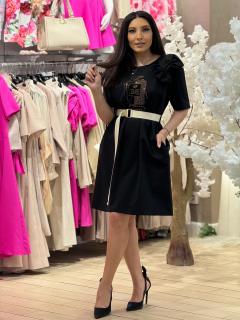 Rochie neagra cu imprimeu si funda pe umar