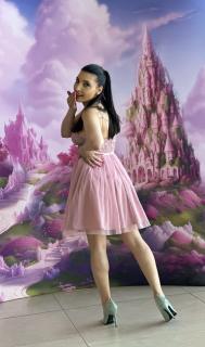 Rochie roz din tulle si funda in talie