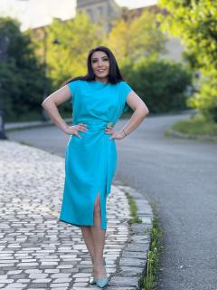 Rochie turcoaz cu detaliu auriu in talie
