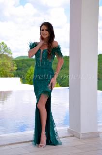 Rochie verde  din dantela cu pene si snur la spate
