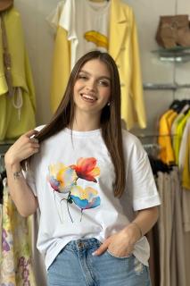 Tricou din bumbac cu imprimeu flori multicolore