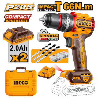 Bormasina cu Impact fara perii, 20V, 66Nm, 13Nm, Mandrina Metalica, Kit complet, 47 accesorii