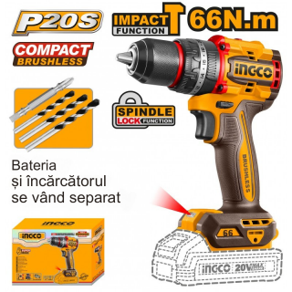 Bormasina cu percutie, motor fara perii, 20V, 66Nm, Mandrina Metalica 13mm