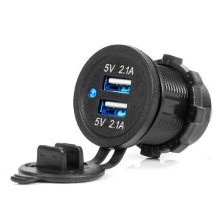 Incarcator Auto Incastrabil 12 24V, 2x USB 4.2A, LED Albastru, Impermeabil