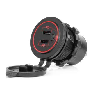 Incarcator Auto Incastrabil 12 24V, 2x USB-C, LED Rosu, Impermeabil, cu Intrerupator
