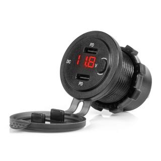 Incarcator Auto Incastrabil 12 24V, 2x USB-C, Voltmetru, LED Rosu, Intrerupator, Impermeabil