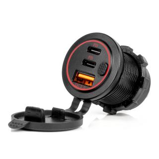 Incarcator Auto Incastrabil 12 24V, USB + 2x USB-C QC3.0, LED Rosu, Impermeabil