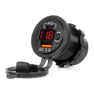 Incarcator Auto Incastrabil 12 24V, USB + USB-C QC3.0, Voltmetru LED Rosu, Impermeabil