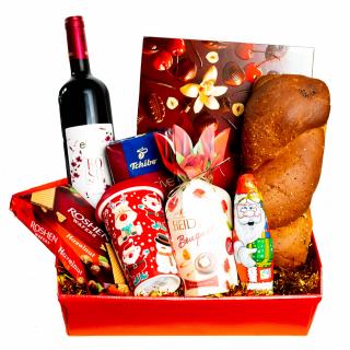 Cos Cadou de Craciun, deluxe, cu Cozonac, Vin, Cafea si Dulciuri + Cana Cadou