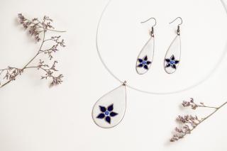 Set bijuterii artizanale email alb-albastru floral