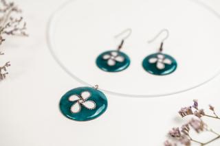 Set bijuterii artizanale email verde-alb floral