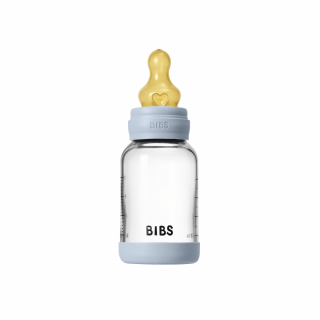 BIBS - Set complet biberon din sticla anticolici cu tetina din latex, flux lent, 120 ml, Baby Blue