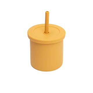 Cana anti-varsare din silicon alimentar cu pai, 2 in 1, pentru gustari sau lichide, 300ml, Melvelo - Mustard