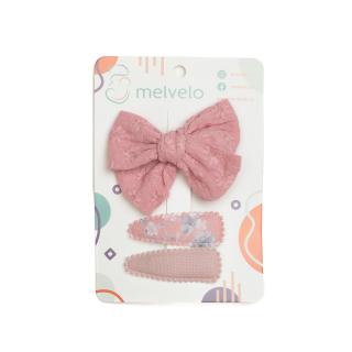 Set 2 agrafe si 1 clama de par cu funda, fetite, cotton, Melvelo - Baby Pink