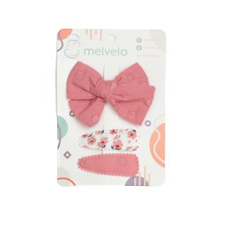 Set 2 agrafe si 1 clama de par cu funda, fetite, cotton, Melvelo - Blush