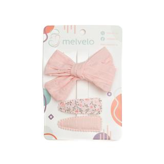 Set 2 agrafe si 1 clama de par cu funda, fetite, cotton, Melvelo - Dots Pink Cream