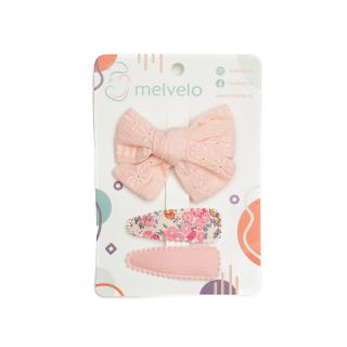 Set 2 agrafe si 1 clama de par cu funda, fetite, cotton, Melvelo - Flower Pink Cream