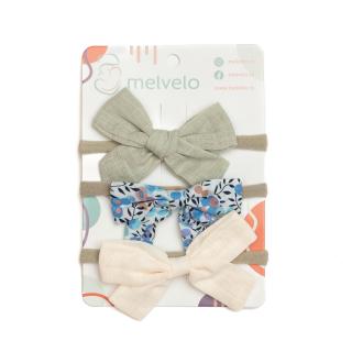 Set 3 bentite pentru bebe, cu funda, Melvelo - Sage   Cream   Blue