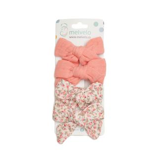 Set 4 clame cu funda pentru par, fetite, bumbac, Melvelo - Papaya   Pink Flower