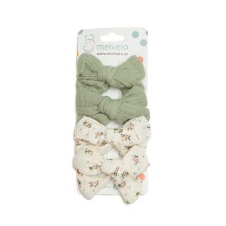 Set 4 clame cu funda pentru par, fetite, bumbac, Melvelo - Sage   Cream