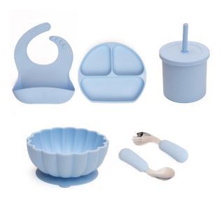 Set hranire bebe, silicon, diversificare, Farfurie plata + Bol pumpkin + Baveta + Lingurita si Furculita + Cana 2 in 1, Melvelo - Baby Blue