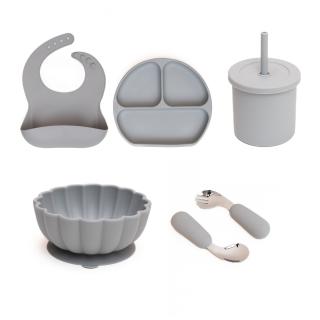 Set hranire bebe, silicon, diversificare, Farfurie plata + Bol pumpkin + Baveta + Lingurita si Furculita + Cana 2 in 1, Melvelo - Gray