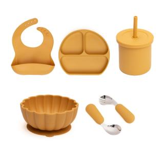 Set hranire bebe, silicon, diversificare, Farfurie plata + Bol pumpkin + Baveta + Lingurita si Furculita + Cana 2 in 1, Melvelo - Mustard