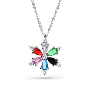 Colier argint Floare cu pietre cubic zirconia colorate