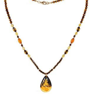 Colier cu chihlimbar cameo cu zana, ornamente argint placaj aur, 45 cm