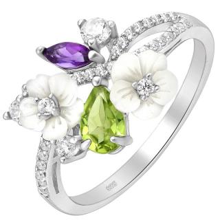 Inel argint floral cu sidef, peridot, ametist si CZ Gradina Lunii
