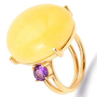 Inel argint reglabil placat cu aur 14 K, chihlimbar galben si ametist, 55-60