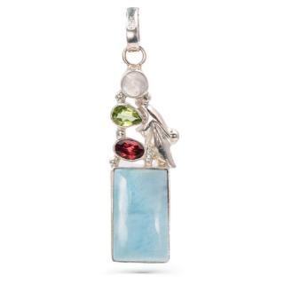 Pandantiv argint cu larimar dreptunghiular, piatra lunii, peridot si granat