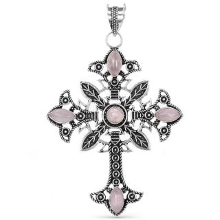 Pandantiv de argint Cruce cu cuart roz + lant argint 50 cm