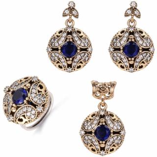 Set argint cu cubic zirconia albastru, alb rotund - model otoman