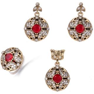 Set argint cu cubic zirconia rosu, alb rotund - model otoman