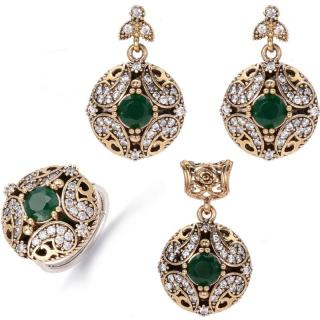 Set argint cu cubic zirconia verde, alb rotund - model otoman