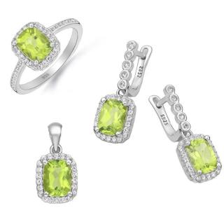 Set argint cu peridot si CZ - cercei, pandantiv, inel