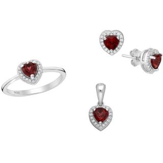 Set argint cu pietre granat si cubic zirconia forma inima