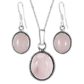 Set argint cuart roz Funie Rasucita - cercei, pandantiv, lantisor