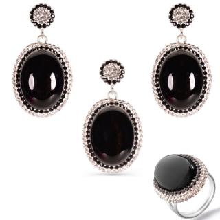 Set argint elegant - onix si CZ - inel reglabil, cercei, pandantiv