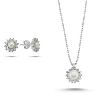 Set argint perle si CZ - cercei pandantiv, lantisor 45 cm