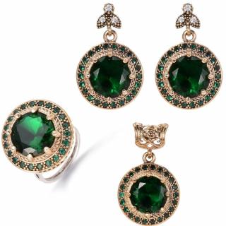 Set argint rotund cu cubic zirconia verde - stil otoman