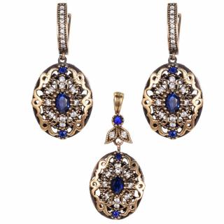 Set argint stil otoman cu cubic zirconia albastre, albe - pandantiv si cercei