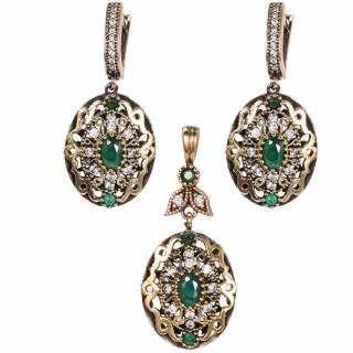 Set argint stil otoman cu cubic zirconia verzi, albe - pandantiv si cercei