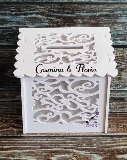 Casuta de dar personalizata pentru nunta, decupata din PVC alb, 25 x 25 x 30 cm, capacitate de pana la 150 de plicuri
