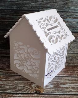 Casuta de dar personalizata pentru nunta, decupata din PVC alb, 30 x 30 x 40 cm, capacitate de pana la 200 de plicuri