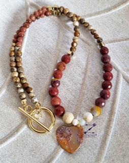 Colier agate, jasp, piatra soarelui, hematit, cu medalion bronz papadie - unicat