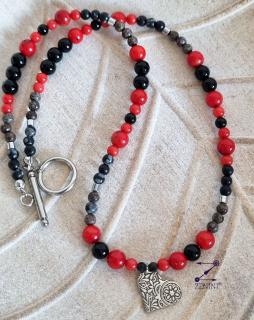 Colier onix, coral, obsidian, hematit cu medalion inimioara argint cu model oriental - unicat